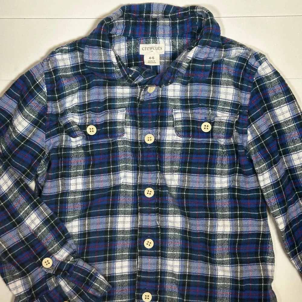 J. Crew Crewcuts Boy’s Blue Plaid Flannel Button Down Shirt Size 4-5 - Picture 2 of 8